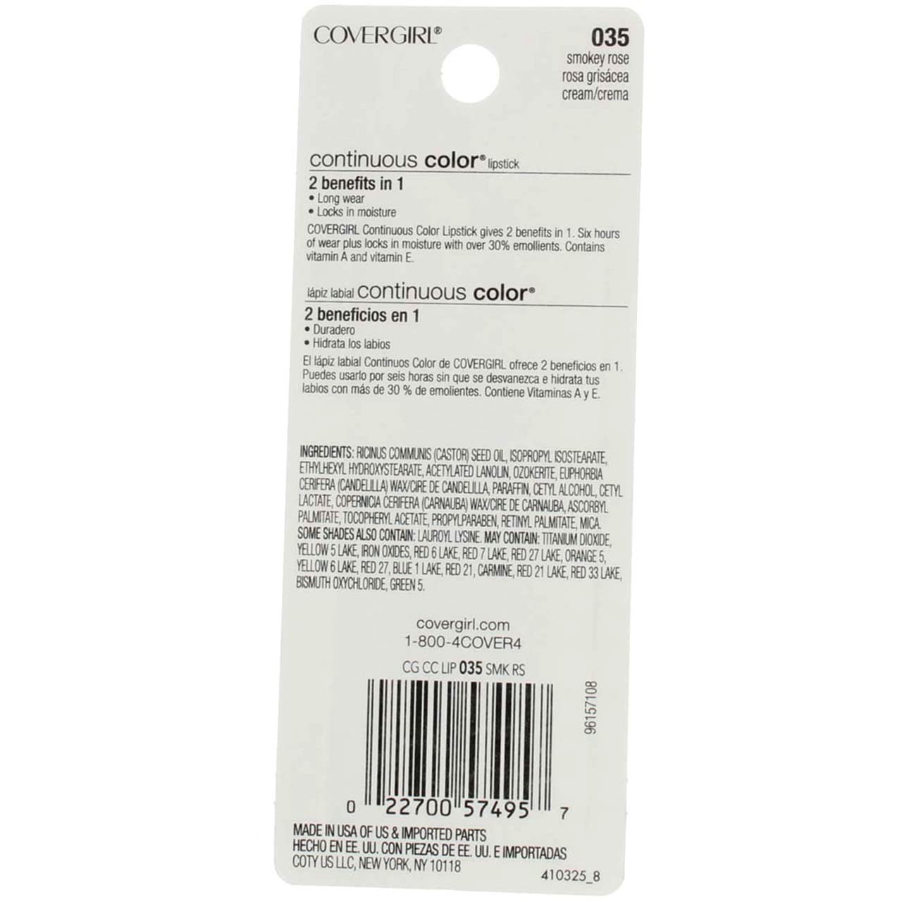 COVERGIRL Continuous Color Lipstick, 35 Smokey Rose, 0.13 oz