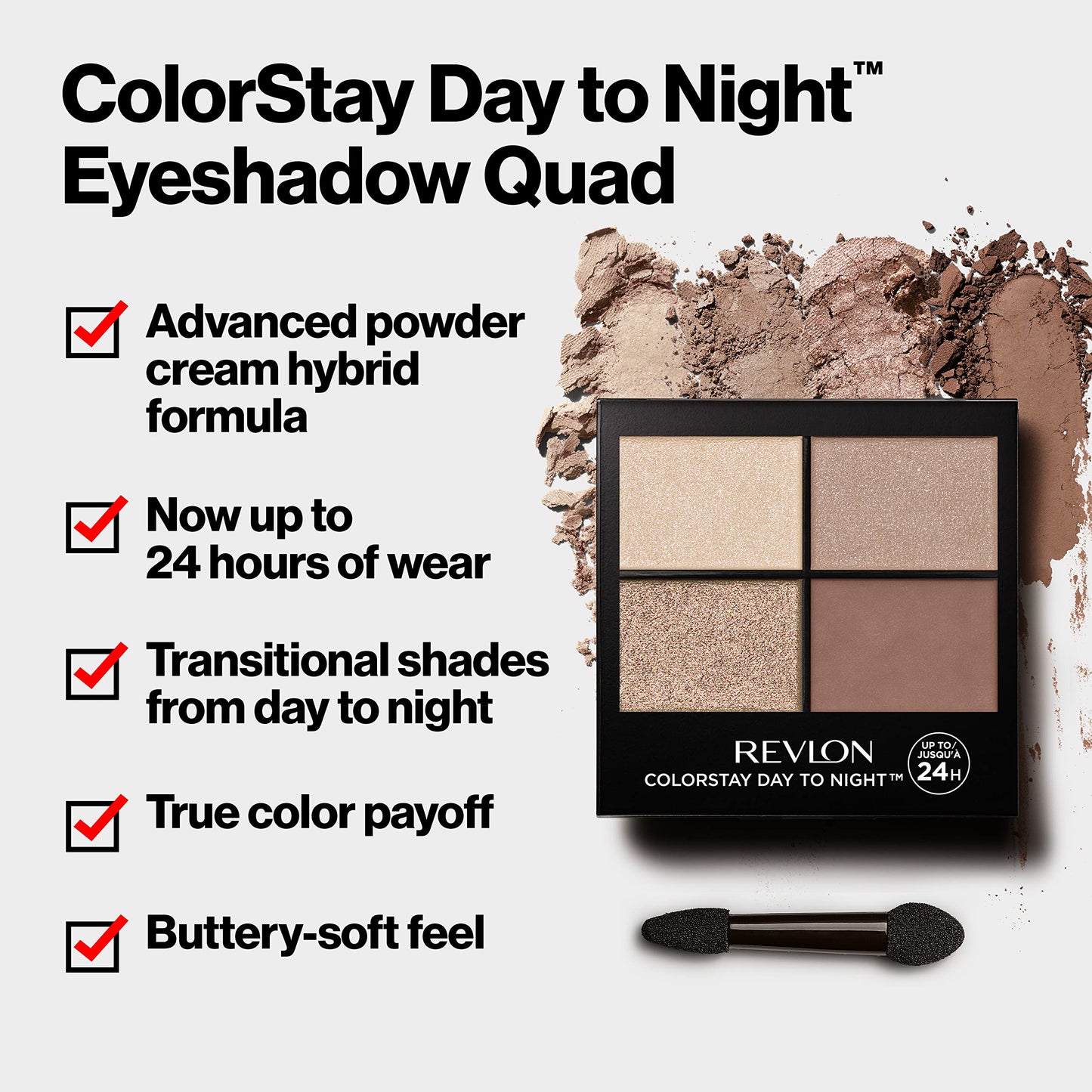 REVLON ColorStay Day to Night Eyeshadow Quad, paleta de sombras de ojos de larga duración con tonos de transición y tacto suave, a prueba de pliegues y manchas, 565 Pretty, 0.16 oz