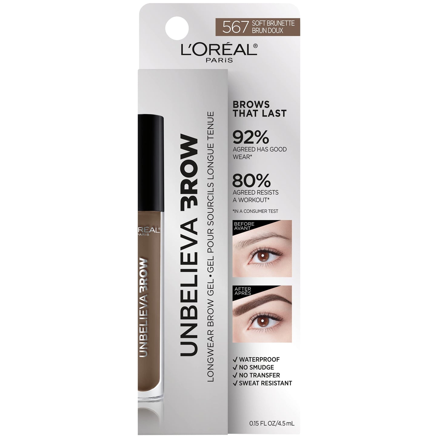 L'Oreal Paris Unbelieva-Brow Longwear Waterproof Tinted Brow Gel, Soft Brunette