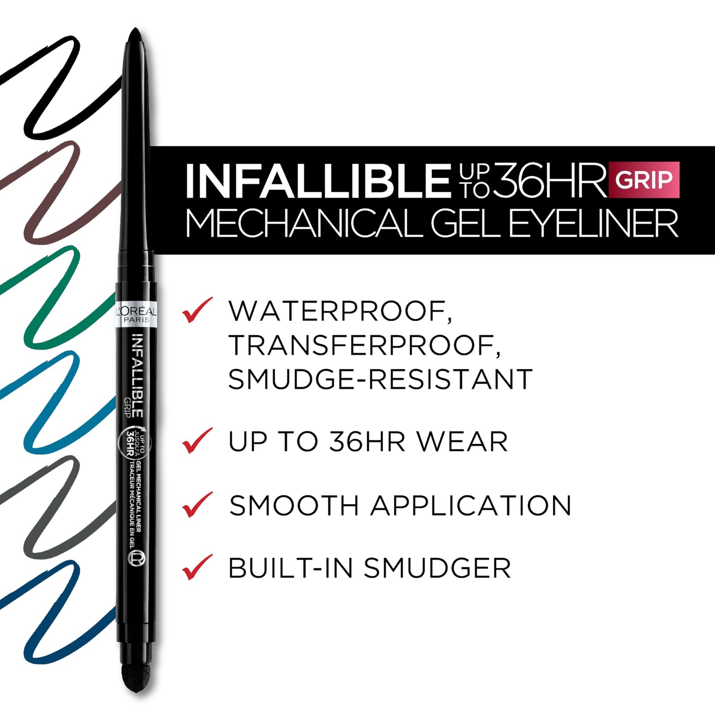 L'Oreal Paris Infallible Grip Mechanical Gel Eyeliner Pencil, Blue Jersey, Waterproof, Smudge-Proof, 0.01 oz