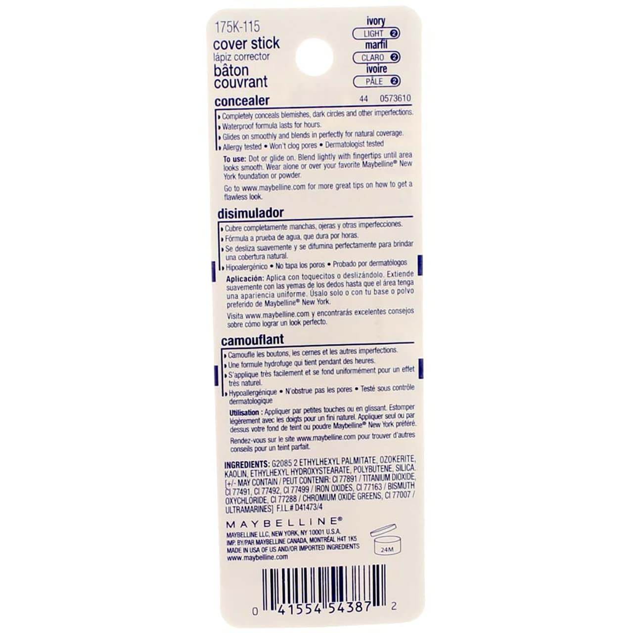 Maybelline Cover Stick Corrector Concealer, Ivory, 0.16 oz