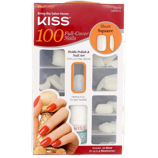 KISS Full-Cover Nails, Press-On Nails, Short Square, Clear, Short Squoval, 100 Count