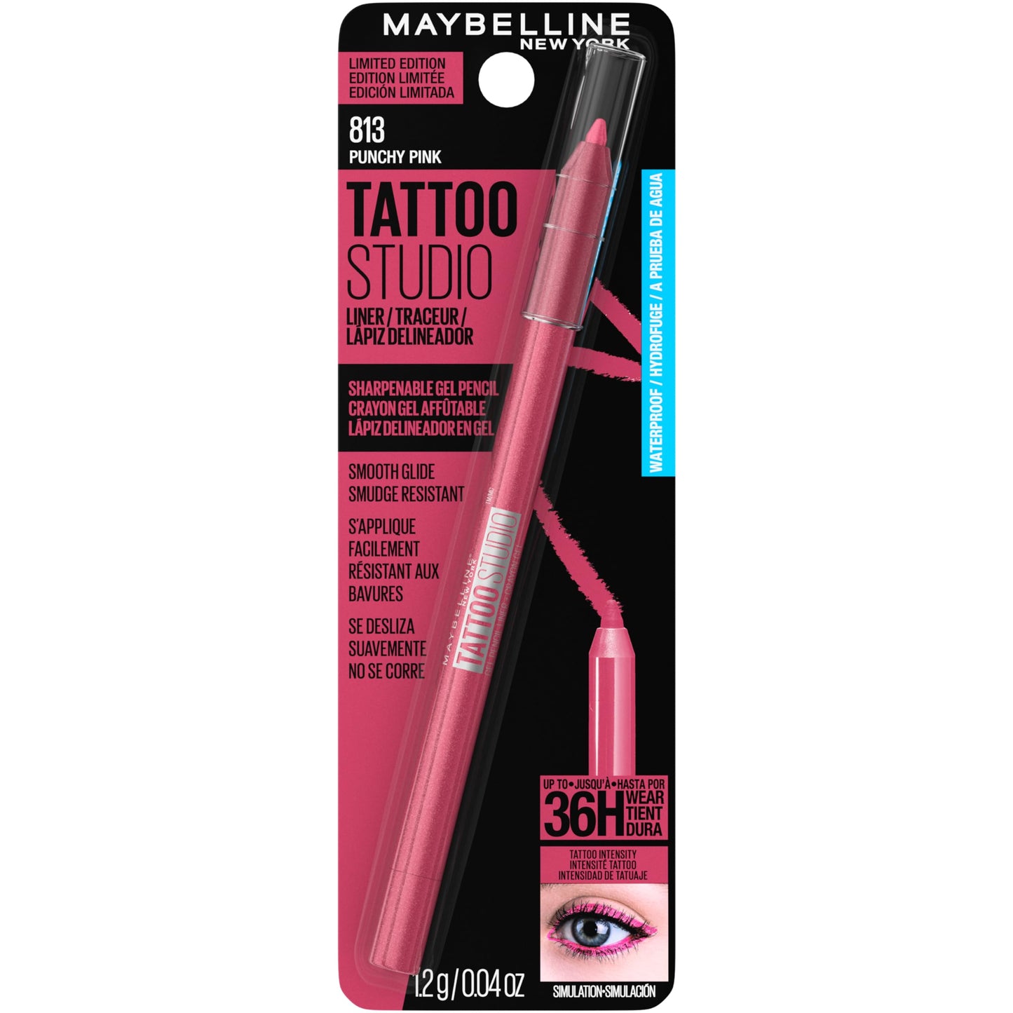 Maybelline Tattoo Gel Pencil Waterproof Longwear Eyeliner, Punchy Pink, 0.04 oz