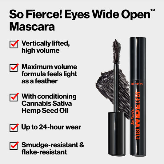 Revlon So Fierce! Eyes Wide Open, Extreme Volume Longwear Mascara, 24hr Wear, 101 Blackest Black, 0.24 fl oz.