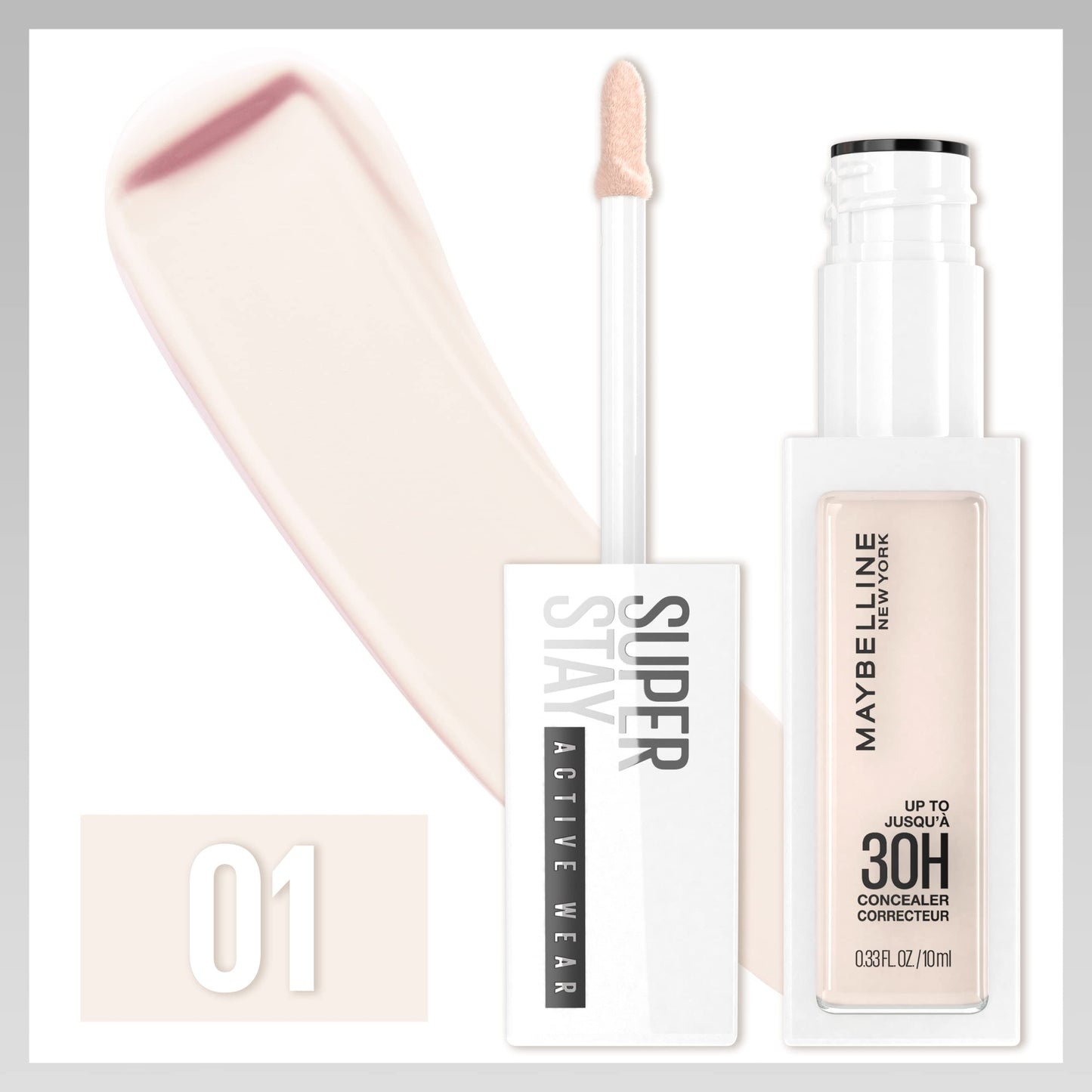 Corrector líquido Maybelline Super Stay, cobertura total, hasta 30 horas de duración, resistente a las manchas, acabado mate natural, sin aceite, disponible en 16 tonos, 01, 1 unidad