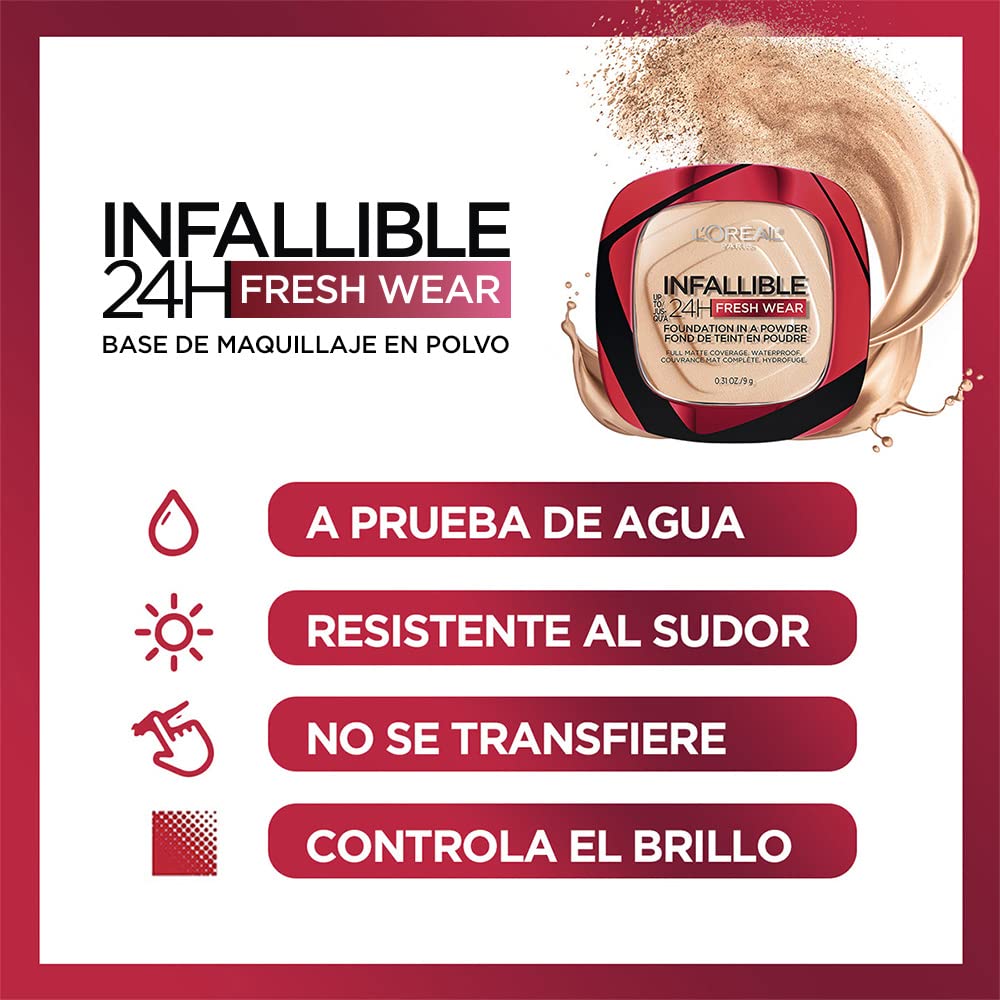 L'Oreal Paris Infallible Fresh Wear 24 Hr Powder Foundation Makeup, 180 Linen, 0.31 oz