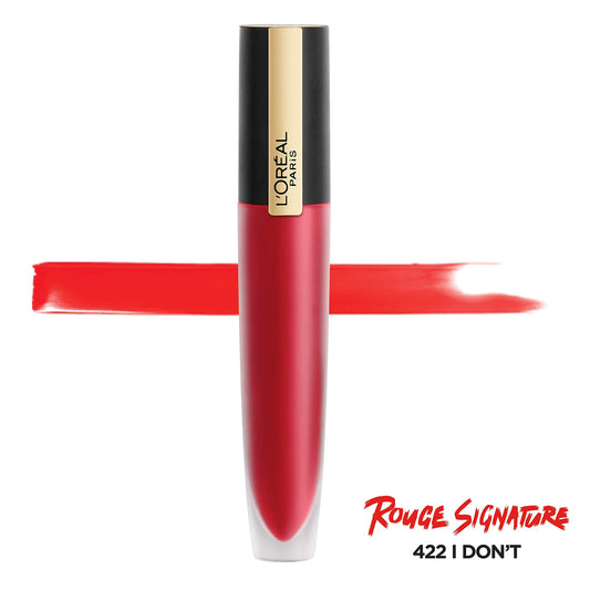 Tinte labial ligero mate L'Oréal Paris Rouge Signature, alta pigmentación, no me gusta