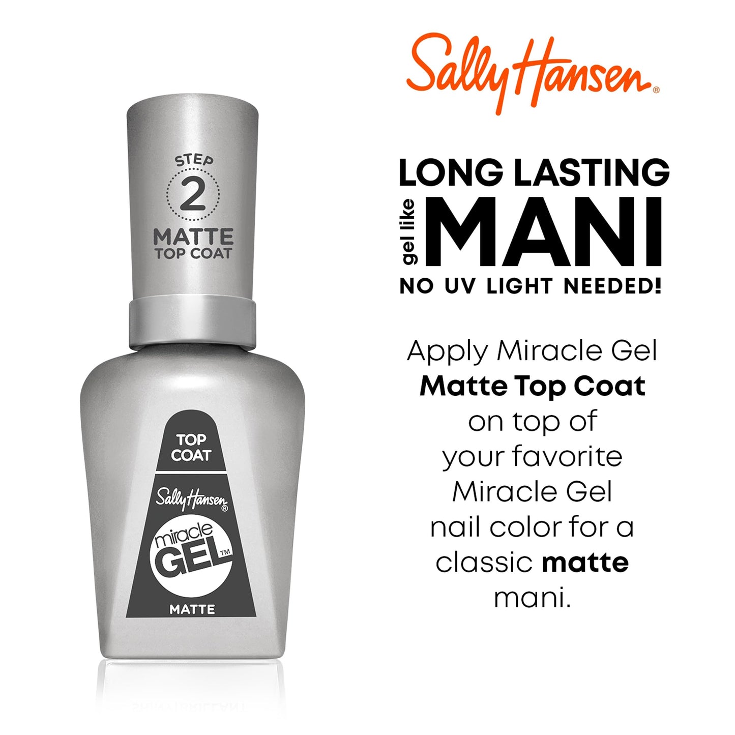 Sally Hansen Miracle Gel™, Matte Top Coat 102, Long Lasting, Gel-Like Formula, No UV Lamp Needed, Clear Nail Polish