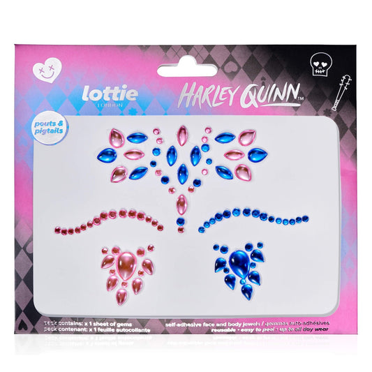 Lottie London x Harley Quinn Face & Body Gems in Pouts & Pigtails, Easy-to-use self-Adhesive face and Body gems for a Pink and Blue, Bejewelled Finish