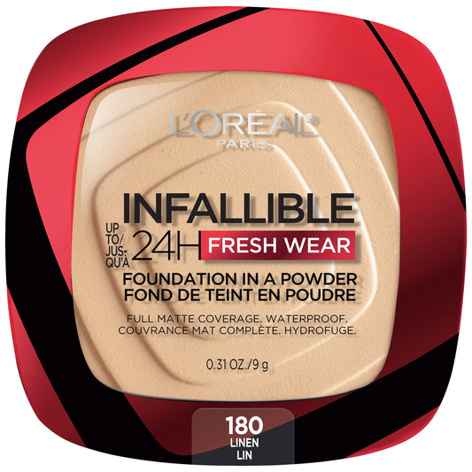 L'Oreal Paris Infallible Fresh Wear 24 Hr Powder Foundation Makeup, 180 Linen, 0.31 oz