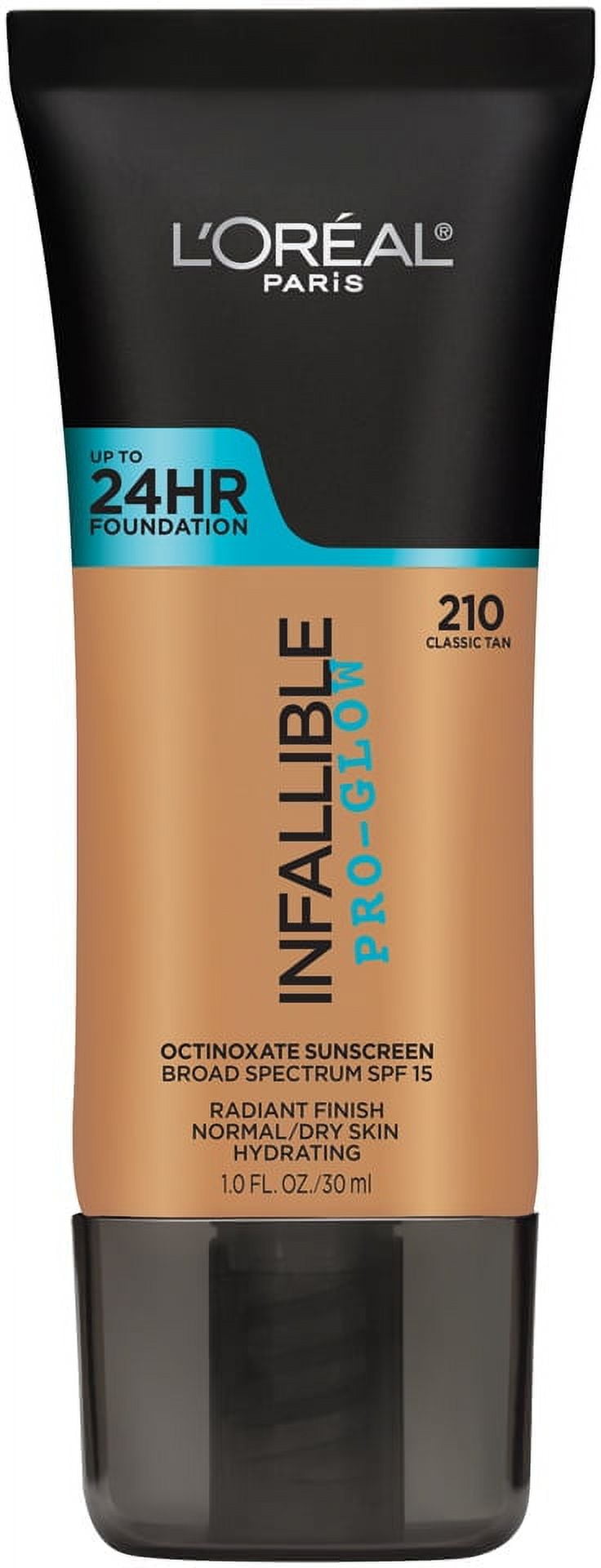 L'Oreal Paris Infallible Pro-Glow Liquid Foundation Makeup, SPF 15, 210 Classic Tan, 1 fl oz