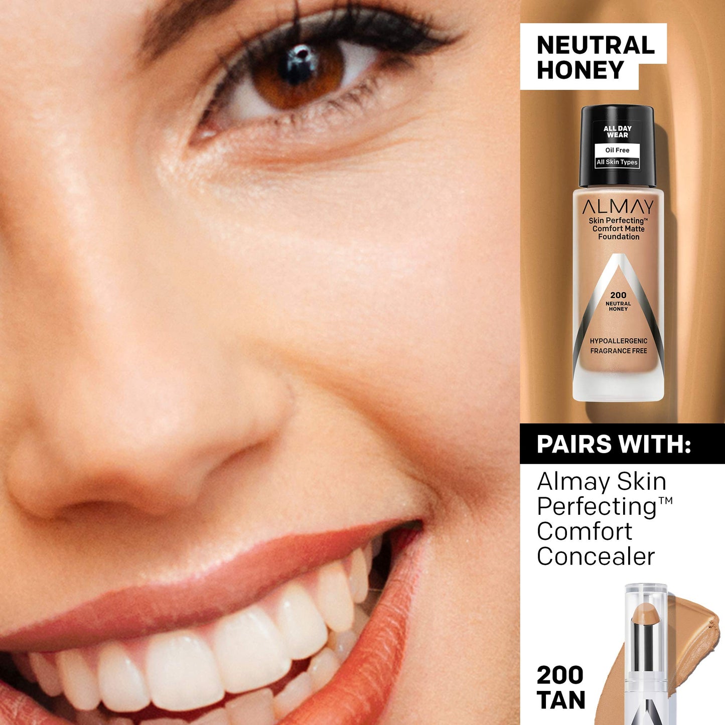 Almay Skin Perfecting Comfort Matte Liquid Foundation, 200 Neutral Honey, 1 fl oz