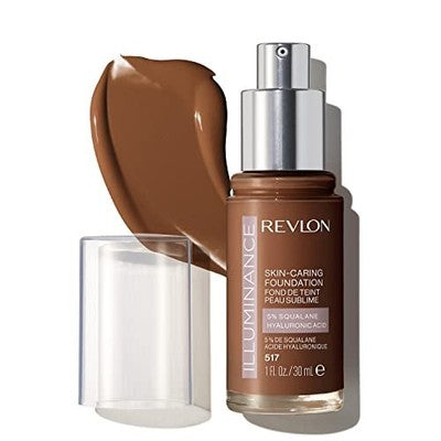 Base de maquillaje líquida Revlon Illuminance Skin-Caring, ácido hialurónico, fórmula hidratante y nutritiva de cobertura media, 517 Ámbar, 1 onza líquida