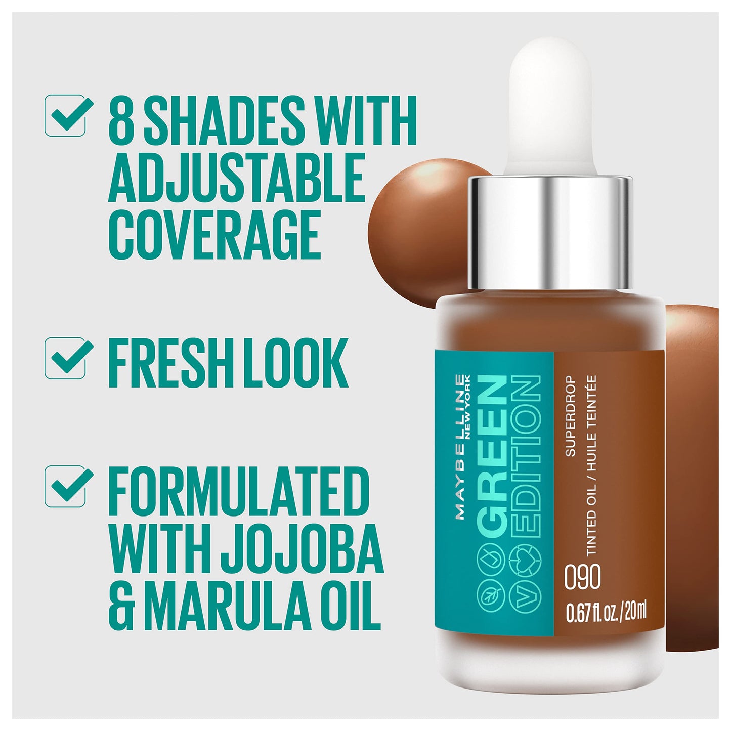 Maybelline Green Edition Superdrop Tinted Oil Makeup, Adjustable Coverage, 70, 0.67 fl oz
